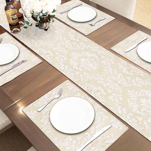 Loom and Mill Elegant Jacquard Table Runner 108 inches Long, Beige+White