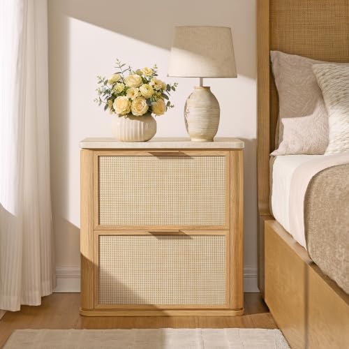 Nightstand Set of 2, 23.11" W Rattan Nightstand with 2 Drawers