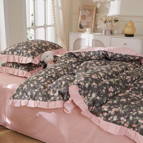 Cotton Floral Duvet Cover King Size 3 Pcs,Ruffled Bedding 104"×90"