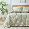 Gingham Duvet Cover Queen Size, 3 Pieces Soft Breathable Microfiber Plaid Duvet Cover with Zipper Closure & 2 Pillow Shams, Ruffle Farmhouse Vintage Decor, Sage Green