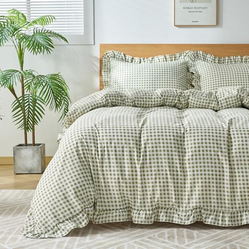Gingham Duvet Cover Full Size, 3 Pieces Soft Breathable Microfiber Plaid Duvet Cover with Zipper Closure & 2 Pillow Shams, Ruffle Farmhouse Vintage Decor, Sage Green