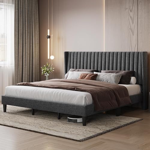 Yaheetech King Bed Frame with Headboard, Dark Gray Channel-Tufted Platform