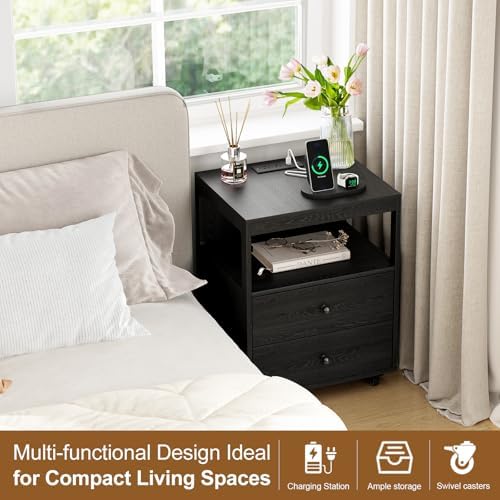Bedroom Nightstand with Charging Station, Side Table with 2 Drawers,Sofa End Table Living Room with Wheels for Living Room Bedroom Office(Black)