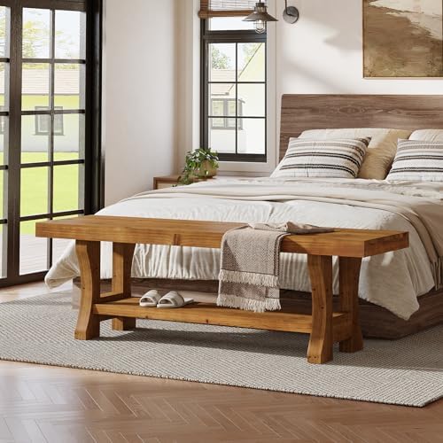 Solid Wood Entryway Bench, 55" End of Bed Bench, Long Indoor Dining Seat for Hallway, Bedroom, Living Room, Dining Room, Easy Assembly, Brown