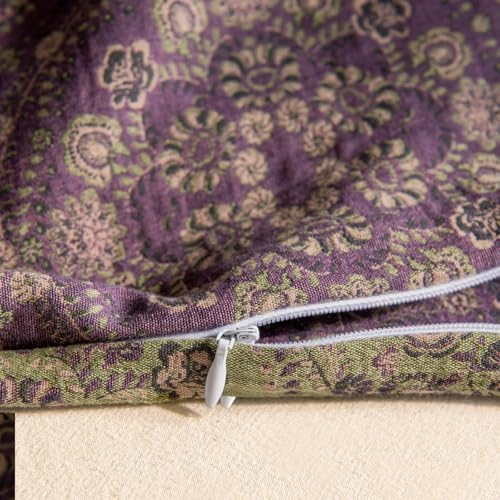 Jacquard Flower Duvet Cover Twin,Purple Green Floral Duvet Cover Set Yarn-Dyed Cotton Boho Medallion Bedding Set,Retro Reversible Duvet Cover with Zipper Ties