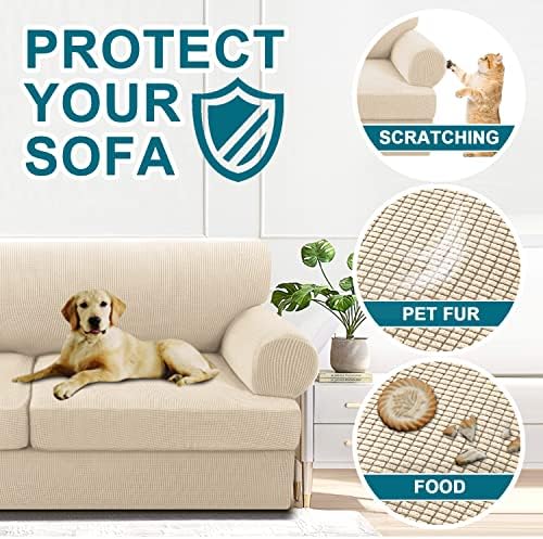 Turquoize 3 Piece T Cushion Loveseat Slipcovers Sofa Cover for 2 Cushion Couch Cover Washable Slipcover Furniture Covers with 2 Individual T Cushion Seat Covers (2 Cushion Loveseat, Biscotti Beige)