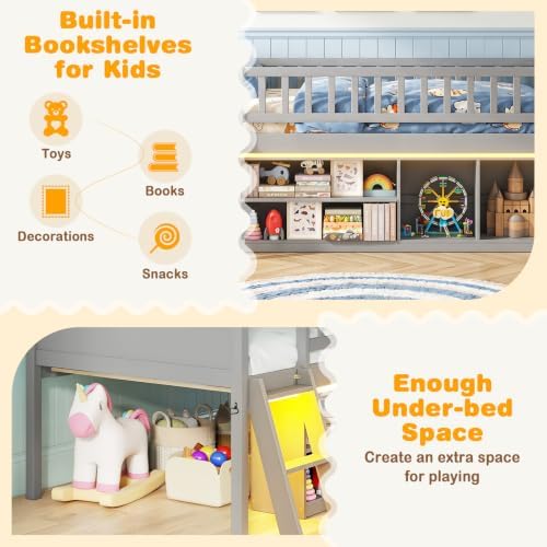 Giantex Low Loft Bed Twin Size with LED Lights, 2-Tier Storage Bookcase