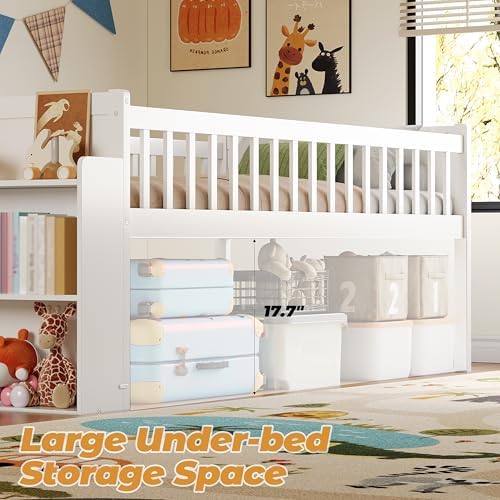 SOFTSEA Twin Size Low Loft Bed with Slide and Guardrails, Wood Loft Bed Frame with Storage Shelves for Kids, White