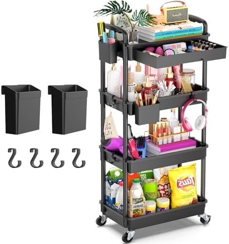 Goovilla 4 Tier Rolling Utility Cart Organizer with Removable Drawer, Black