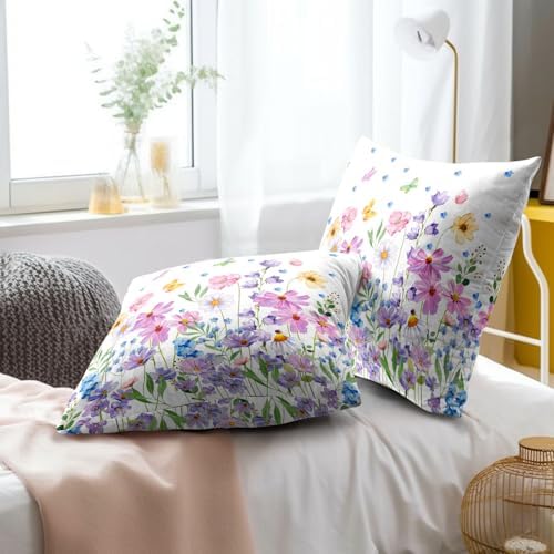 Watercolor Floral Pillow Covers 18x18 Inches Set of 2 Spring Summer Wildflower Butterfly Cotton Cushion Covers for Home Home Sofa Couch