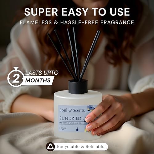 Soul & Scents Reed Diffuser Set – Sundried Linen | 7.43 oz Refillable Scented Oil with 6 Fiber Sticks | Long-Lasting Home Fragrance & Air Freshener for Bedroom, Bathroom, Office | Gift & Décor Piece