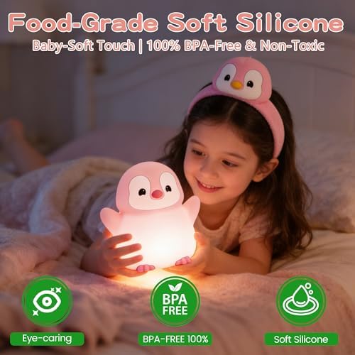 FAMIDUO Penguin Night Light for Kids, Silicone LED Squishy Touch Lamp