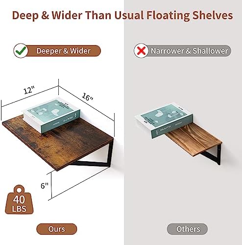Axeman Deep Floating Shelves for Wall, 16W x 12D Rustic Wood Wall Shelves Set of 2, 12 Inch Deep Large Floating Shelves for Decor & Storage, Hanging Shelves for Farmhouse Kitchen Bathroom Bedroom