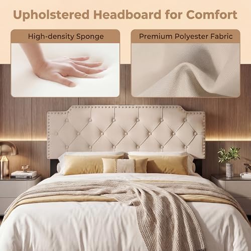 KOMFOTT Riveted Upholstered Headboard with Charging Station for Full & Queen Size Bed Frame, Tufted Button Bed Headboard with Solid Rubber Wood Legs, Headboard with Adjustable Width, Beige