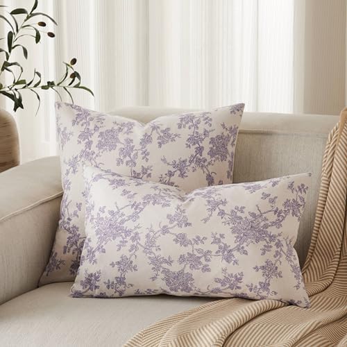 2 Pack French Floral Throw Pillow Covers 22x22in, Purple/Cream