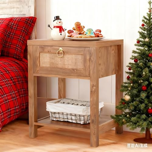 VOWNER Rattan Nightstands Set of 2 - Farmhouse Bedside Table Night Stand with Drawer and Storage Shelf, Boho End Side Table for Bedroom, Mesitas De Noche para Dormitorio, Dark Oak