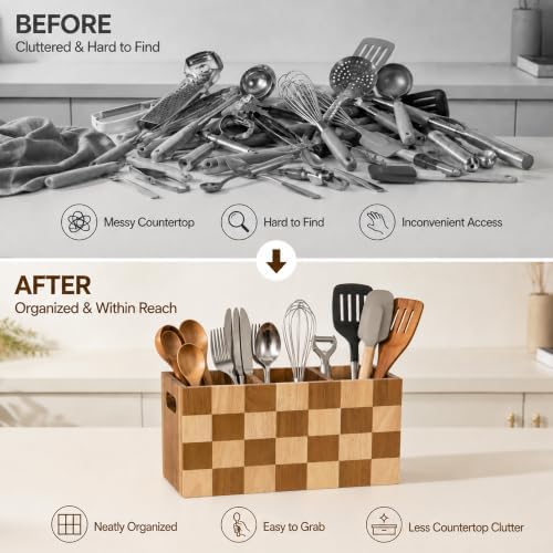Kitchen Utensil Holder, 3 Compartment Large Wooden Utensil Organizer