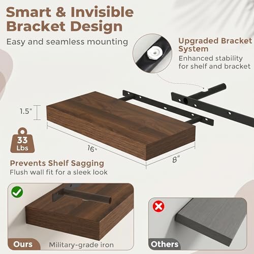 16 Inch Floating Shelves for Wall, 8"D Wood Storage Shelves, Walnut Finish