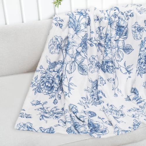 JarThenaAMCS Floral Fuzzy Blanket Blue Flowers Throw Blanket Decorative Soft Cozy Flannel Blanket for Home Bed Sofa Couch Chair, 50 x 60 Inch