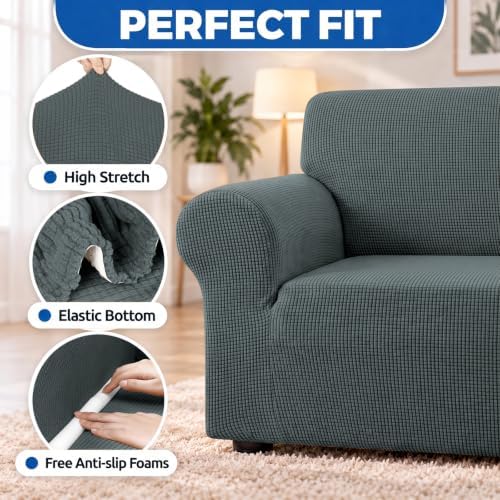 KEKUOU Stretch Couch Covers for Sofa, 3 Cushion Couch Slipcover,Grey