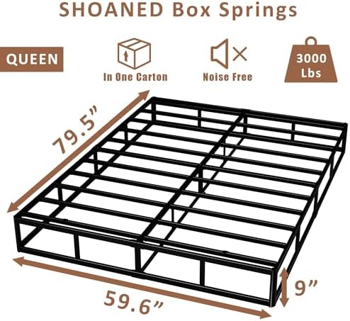 Metal Box Spring Queen Size - 9 Inch High Profile Heavy Duty Black Bed Base Non Slip Mattress Foundation Box Springs for Queen Bed, Easy Assembly, No Noise