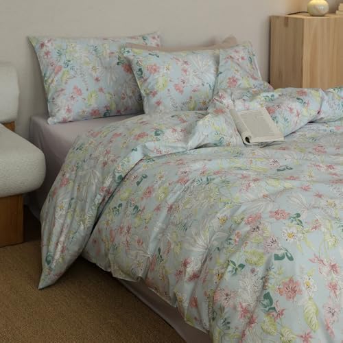 HighBuy Farmhouse Duvet Cover Full Size,Colorful Floral 100% Cotton Durable Duvet Cover Set Coquette Soft Blue Comforter Cover Quilted Cover Set for Women Girls,Cottagecore Bedding Set