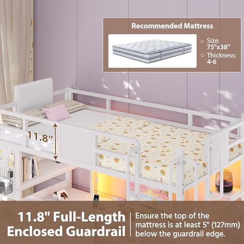 Loft Bed Twin Size with L-Shaped Desk and 5 Storage Drawers, White