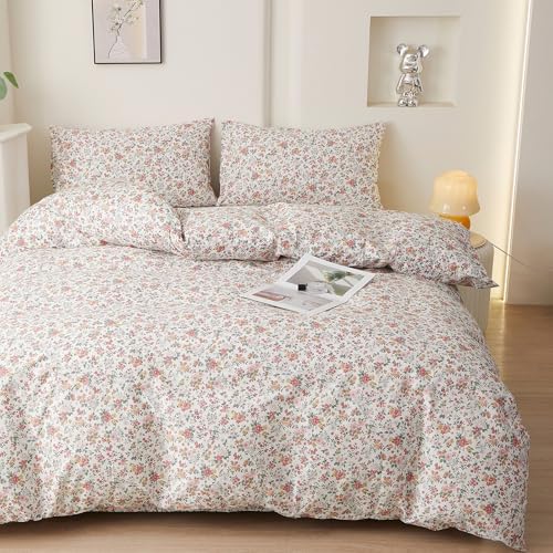 HighBuy Farmhouse 100% Cotton Duvet Cover Full Size 3PC,Soft Pink Floral Comforter Cover with 2 Pillowcases,Vintage Flowers Coquette Bedding Set Duvet Cover Set for College Girls Women