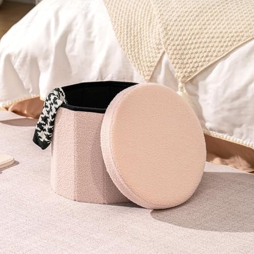 B FSOBEIIALEO Storage Ottoman Cube, Round Ottoman with Storage, Pink