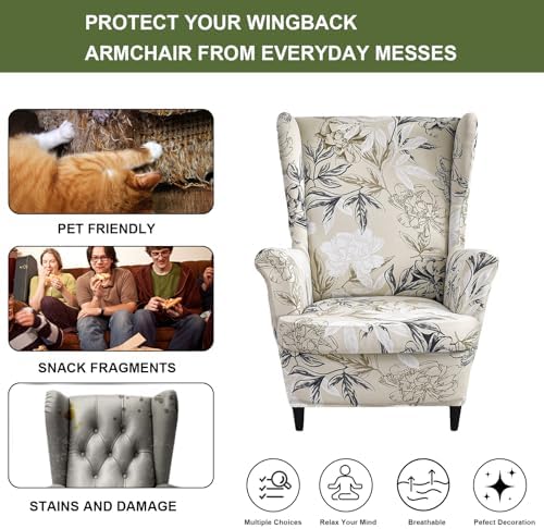 HAOYONG Wing Chair Slipcovers Printed Wingback Chair Covers 2 Pieces Wingback Armchair Slipcover Stretch Chair Slip Covers Washable Armchair Protector Cover for Living Room and Bedroom