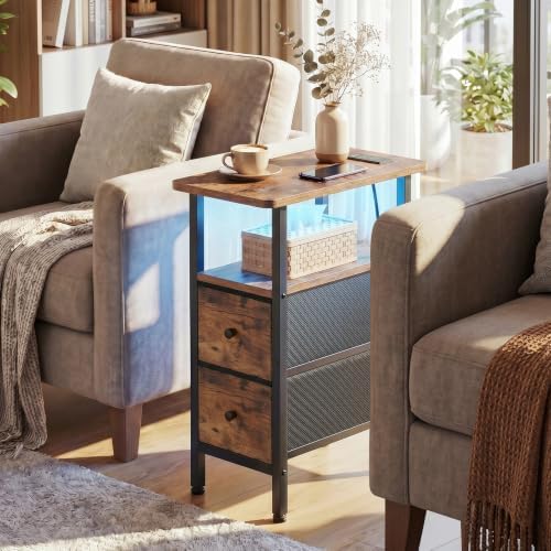 LOAKEKEL Narrow End Table with Charging Station, Small Nightstand