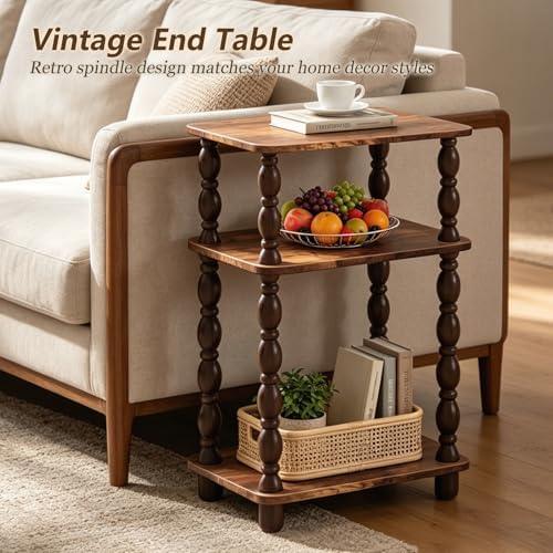 Narrow End Table, 3-Tier Side Table, Retro Couch Side Table for Small Spaces, Farmhouse End Table, Modern Accent Table, Skinny Bedside Table Nightstand for Bedroom, Living Room (Rustic Brown)