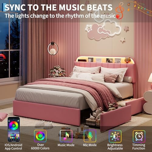 GarveeHome Queen Bed Frame, Platform Bed with Storage Headboard & Drawers