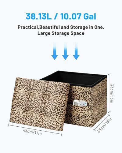 Bsketa Storage Ottoman Bench, 17" Folding Velvet Foot Rest,Leopard Print
