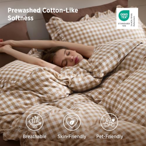 Bedsure Brown Gingham Ruffle Duvet Cover Set, Cotton-Like Quilt Cover,Queen