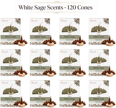 ARO VATIKA Vedic White Sage Natural Incense Cones Pack of 120, 12 Premium Boxes Non-Toxic Dhoop Cones for Meditation, Yoga, Spiritual Healing, Relaxation & Home Fragrance, Burn Time- 25 Mins