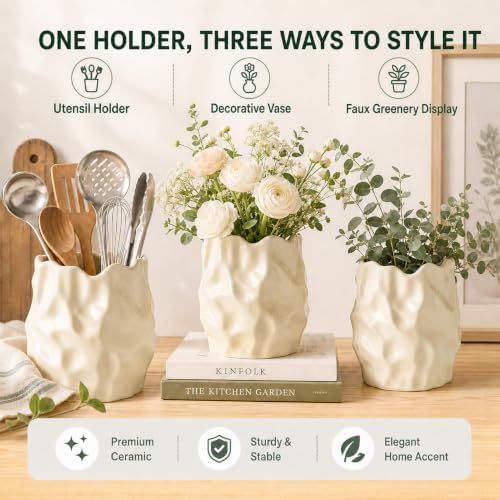 Ceramic Utensil Holder for Kitchen Countertop, 6 Inch, Cream White
