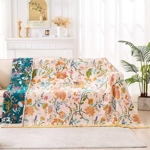 XIBLC Boho Throw Blanket for Bed, 100% Cotton Soft Rustic Quilt Fall Blanket, 60"x80" Floral Printed Farmhouse Decor Bed Blankets, All Season Rustic Reversible Bohemian Throw Quilt