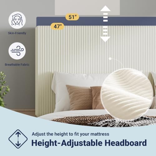 Allewie Full Bed Frame, Corduroy Tufted Headboard, Cream