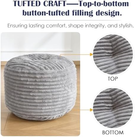SHOUREN Stuffed Round Ottoman,Pouf Ottoman Foot Rest,20 X 15,Light Grey