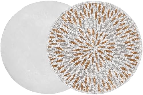 CLEENTABLE Round Beaded Placemats, Gold & Silver, 2-Pack