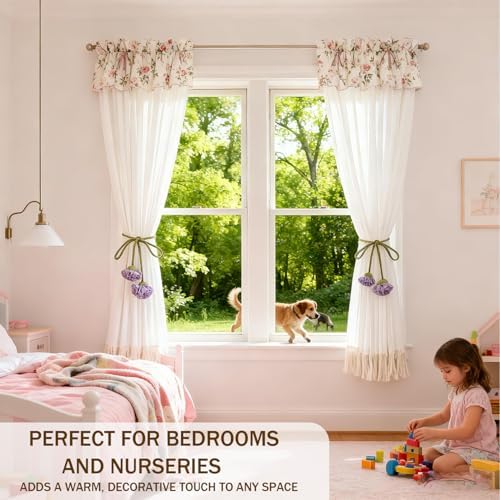 Handmade Curtains Tiebacks, Boho Flower Curtain Tie Backs Curtain Holder Tie Backs for Curtains Braided,Cute Flower Curtain Ties Decorative Rope for Bedroom Window Treatment (Purple)