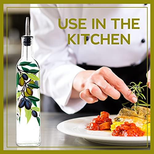 17oz Hand Painted Glass Olive Oil Bottle Dispenser - 500ml Green Oil & Vinegar Cruet with Pourers - Olive Oil Carafe Decanter for Kitchen (olive2)