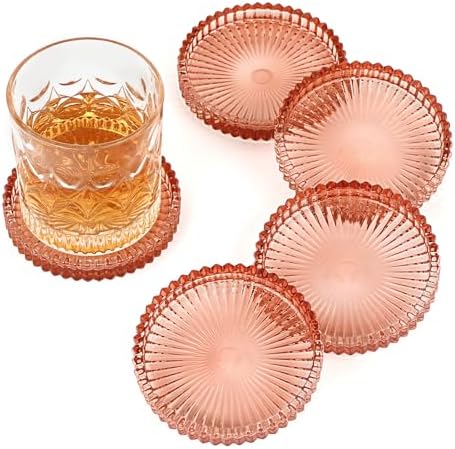 Modern Clear Coaster Set of 5- Glass Coasters for Drinks, Clear Red