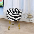 Zebra-Print Round Faux Fur Ottoman Soft Fuzzy Entryway Bench Seat, 13"x13"x17" Sturdy Accent Coffee Table for Living Room Makeup Vanity Stool with Golden Legs for Bedroom Closet Foot Rest