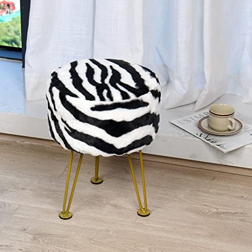 Zebra-Print Round Faux Fur Ottoman Soft Fuzzy Entryway Bench Seat, 13"x13"x17" Sturdy Accent Coffee Table for Living Room Makeup Vanity Stool with Golden Legs for Bedroom Closet Foot Rest