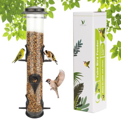 MIXXIDEA 1PK Metal Wild Bird Feeder,Squirrel Proof Bird Feeders for Outside,Hanging 6 Port Tube Bird Feeder Transparent Finch Bird Feeder for Attracting Birds in Your Lawn, Garden, Balcony – Coffee