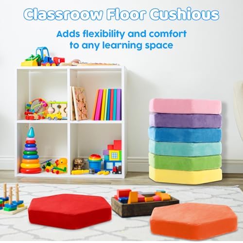 GlikCeil 8 Pack Hexagon Floor Pillow Cushions for Kids 15'' Classroom Soft Warm Short Plush Colorful Flexible Seating for Toddler Indoor Reading Corner Playroom Yoga Daycare Home Preschool(Rainbow)