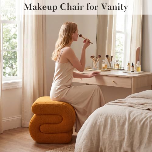 FOXHUNTER S Shape Modern Pouf Ottoman Vanity Stool, Teddy Orange