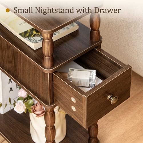 MaxSmeo Narrow Side Table, Small Nightstand with Drawer, Skinny End Table with Storage for Small Spaces, Bedroom, Living Room (Walnut Brown)